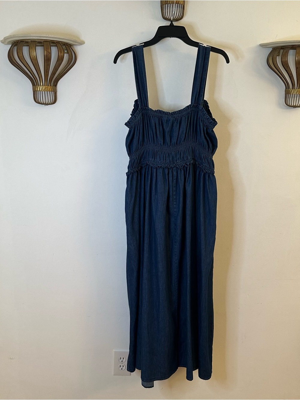 Gap Denim Milkmaid Cotton Western Smocked Tie Front Midi Casual Dress, Size XL - Picture 5 of 15